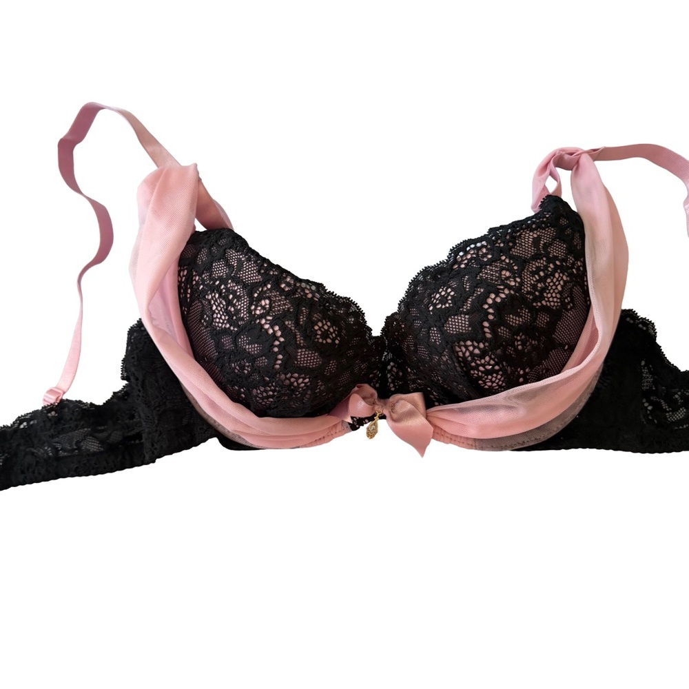 Aimerfeel cute black lace push up bra pink ribbon